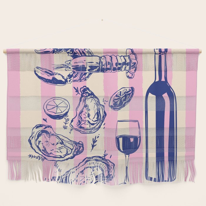 Seafood and Wine - Retro Pink Stripes Illustration Wall Hanging Gallery Image 1