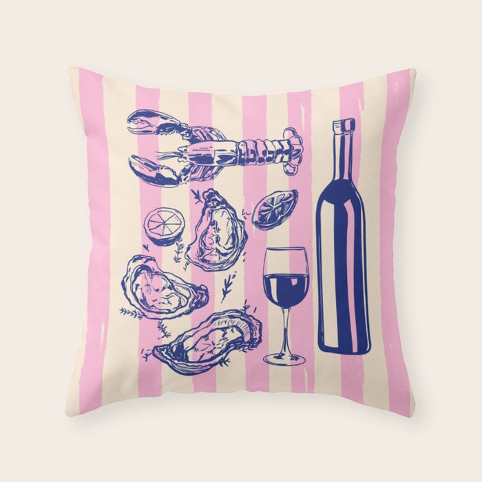 Seafood and Wine - Retro Pink Stripes Illustration Throw Pillow Gallery Image 1