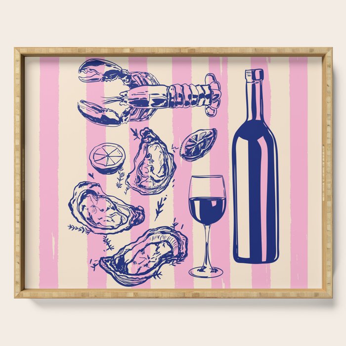 Seafood and Wine - Retro Pink Stripes Illustration Serving Tray Gallery Image 1
