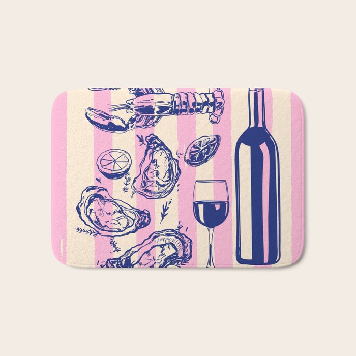 Seafood and Wine - Retro Pink Stripes Illustration Bath Mat Gallery Image 1