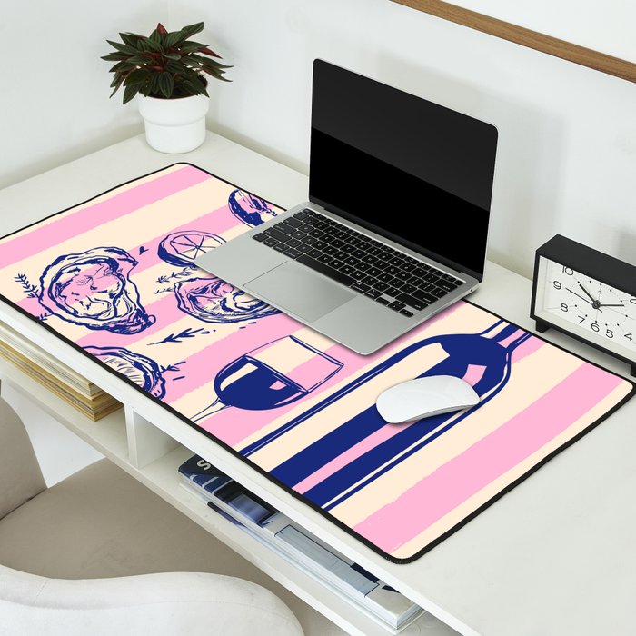 Seafood and Wine - Retro Pink Stripes Illustration Desk Mat Gallery Image 2