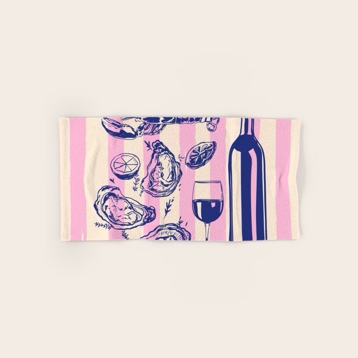 Seafood and Wine - Retro Pink Stripes Illustration Bath Towel Gallery Image 1