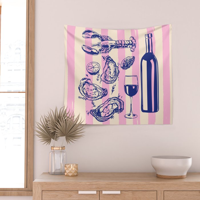 Seafood and Wine - Retro Pink Stripes Illustration Wall Tapestry Gallery Image 2