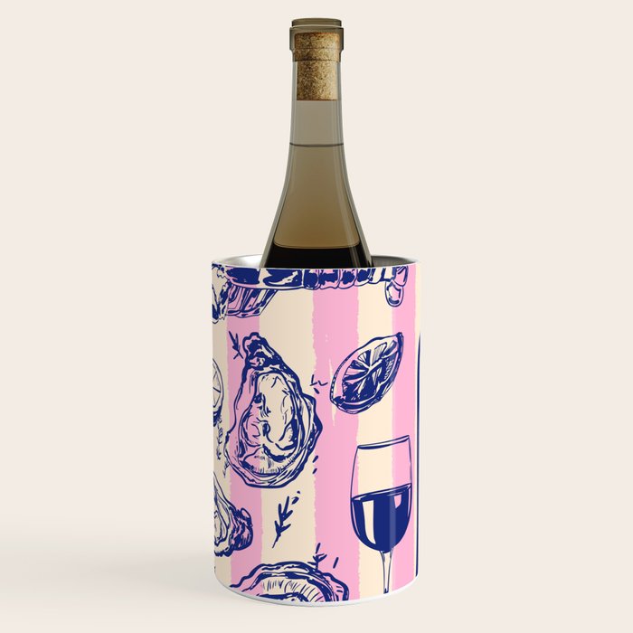 Seafood and Wine - Retro Pink Stripes Illustration Wine Chiller Gallery Image 1