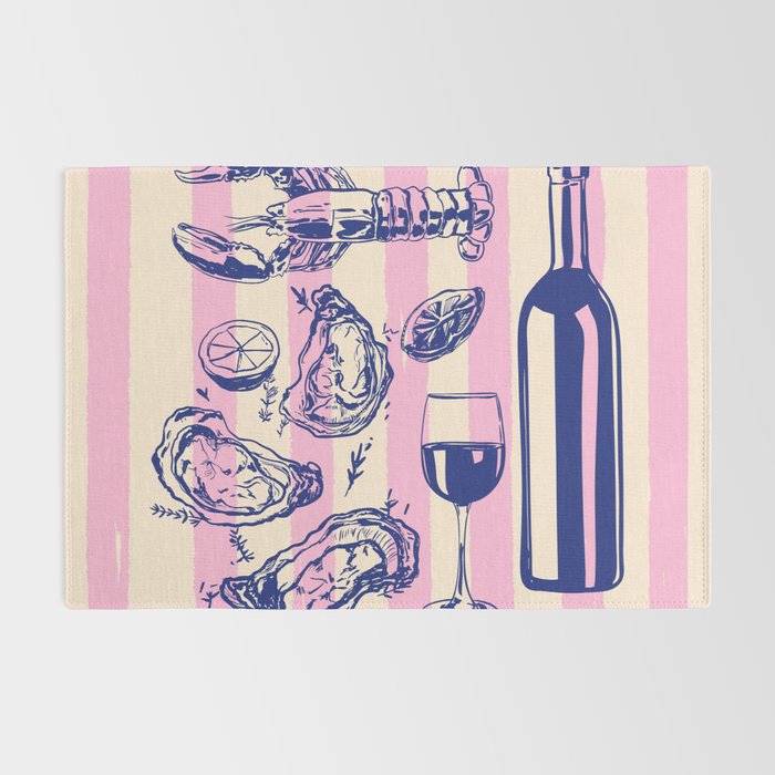 Seafood and Wine - Retro Pink Stripes Illustration Rug Gallery Image 2