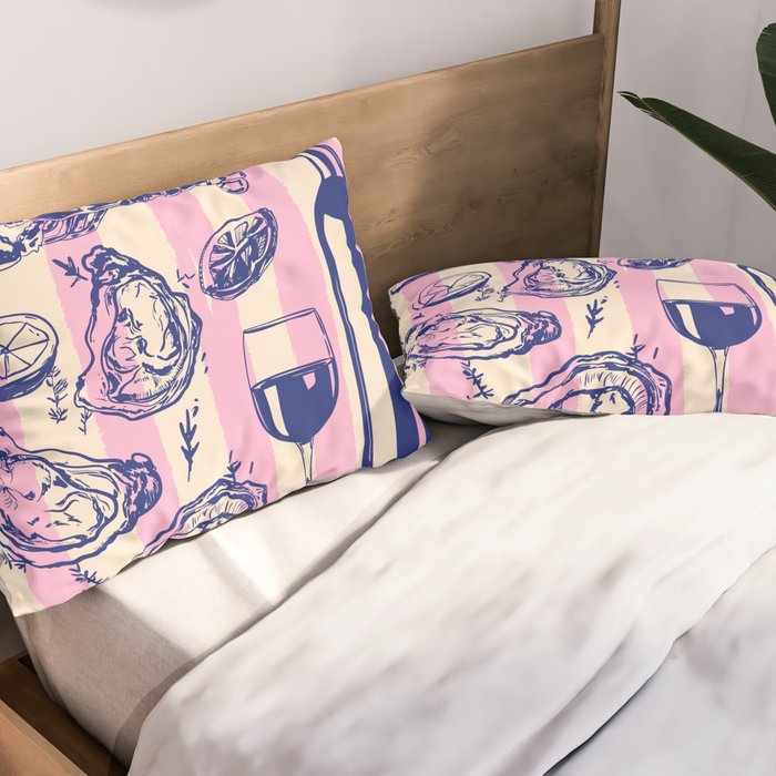 Seafood and Wine - Retro Pink Stripes Illustration Pillow Sham Gallery Image 2