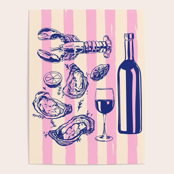 Seafood and Wine - Retro Pink Stripes Illustration Poster Gallery Image 4