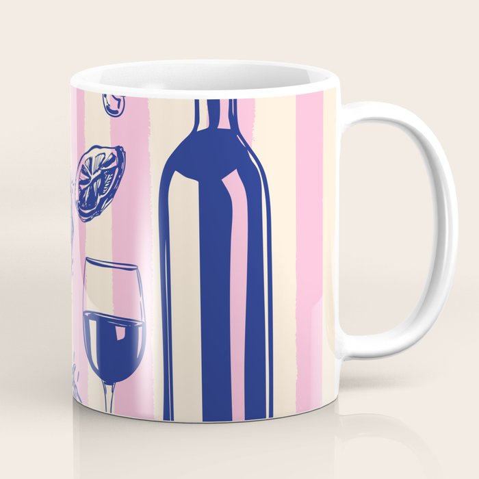 Seafood and Wine - Retro Pink Stripes Illustration Coffee Mug Gallery Image 1