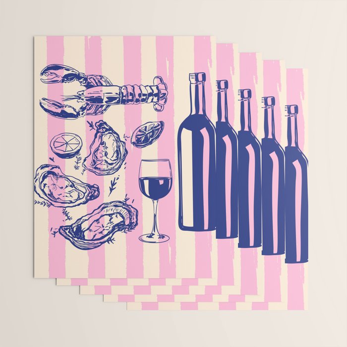 Seafood and Wine - Retro Pink Stripes Illustration Wrapping Paper Gallery Image 3