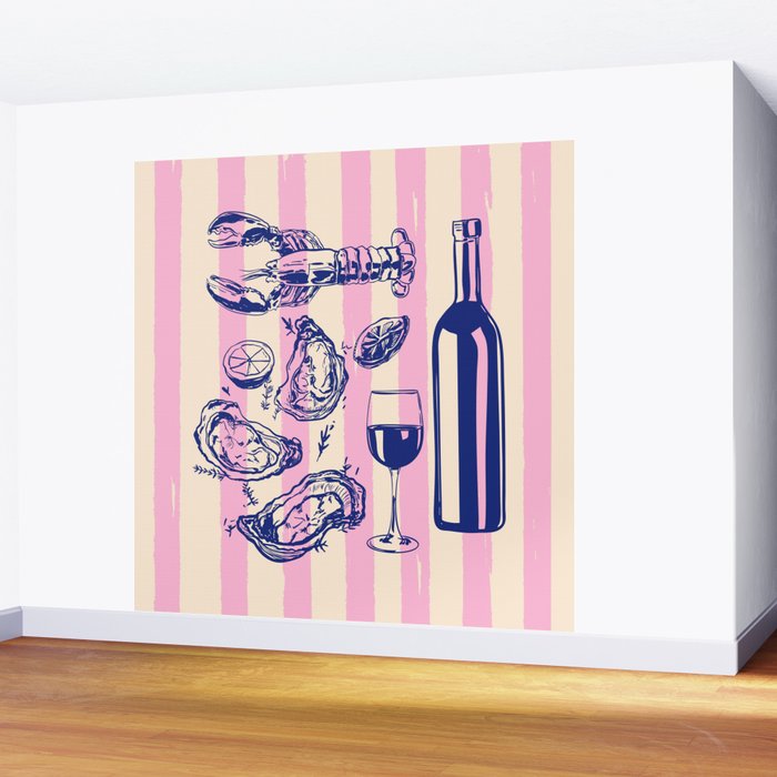 Seafood and Wine - Retro Pink Stripes Illustration Wall Mural Gallery Image 2