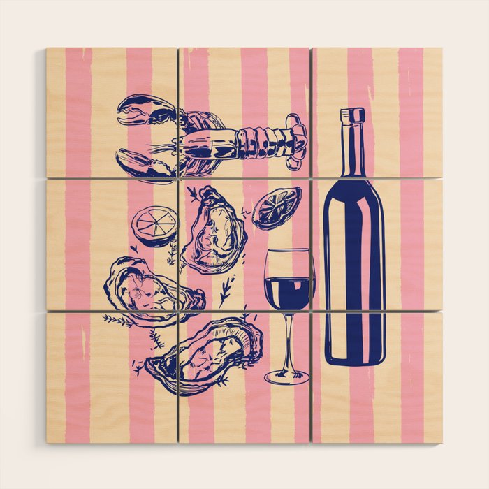 Seafood and Wine - Retro Pink Stripes Illustration Wood Wall Art Gallery Image 1