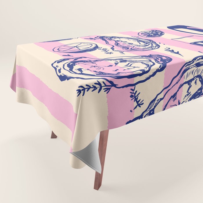 Seafood and Wine - Retro Pink Stripes Illustration Tablecloth Gallery Image 1