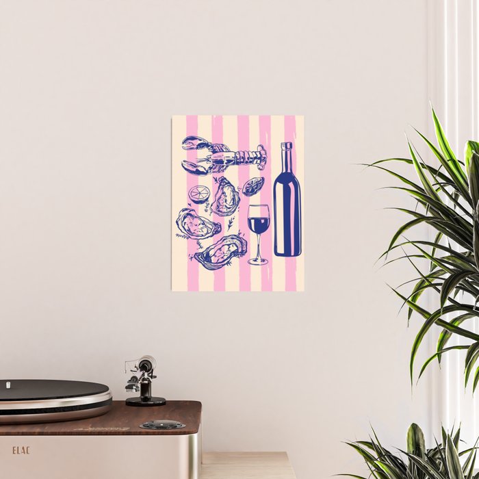 Seafood and Wine - Retro Pink Stripes Illustration Poster Gallery Image 2