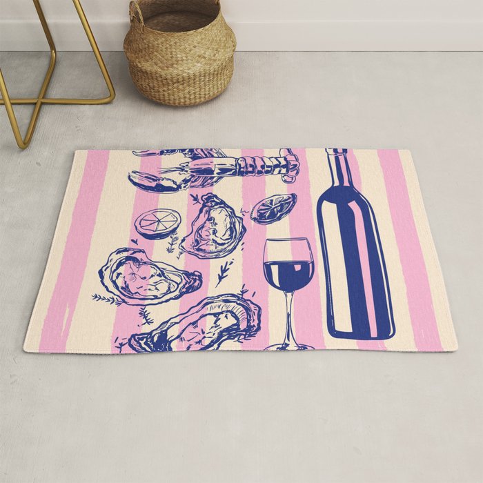 Seafood and Wine - Retro Pink Stripes Illustration Rug Gallery Image 1