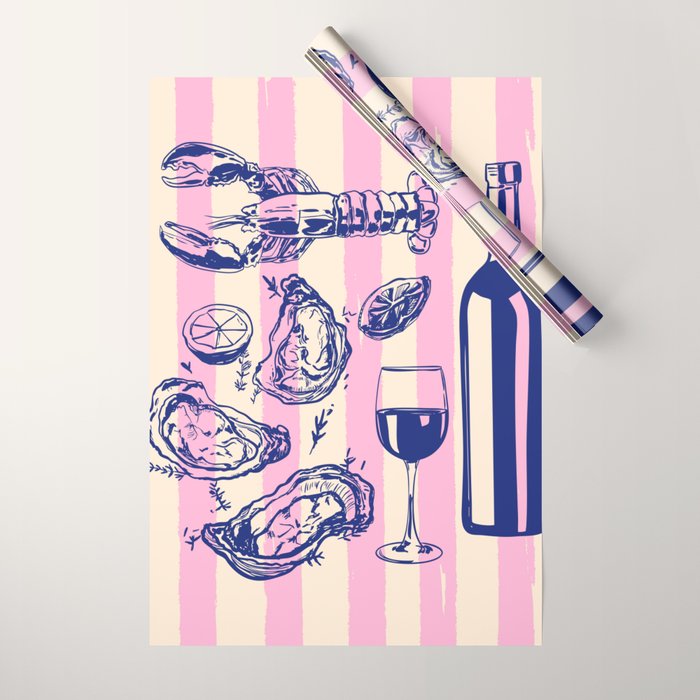 Seafood and Wine - Retro Pink Stripes Illustration Wrapping Paper Gallery Image 1