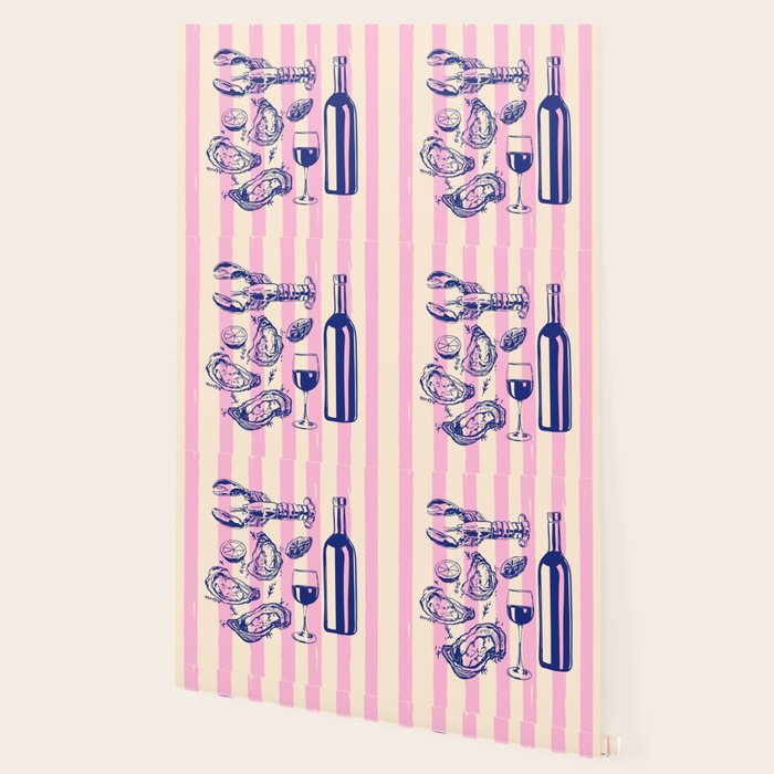 Seafood and Wine - Retro Pink Stripes Illustration Wallpaper Gallery Image 2