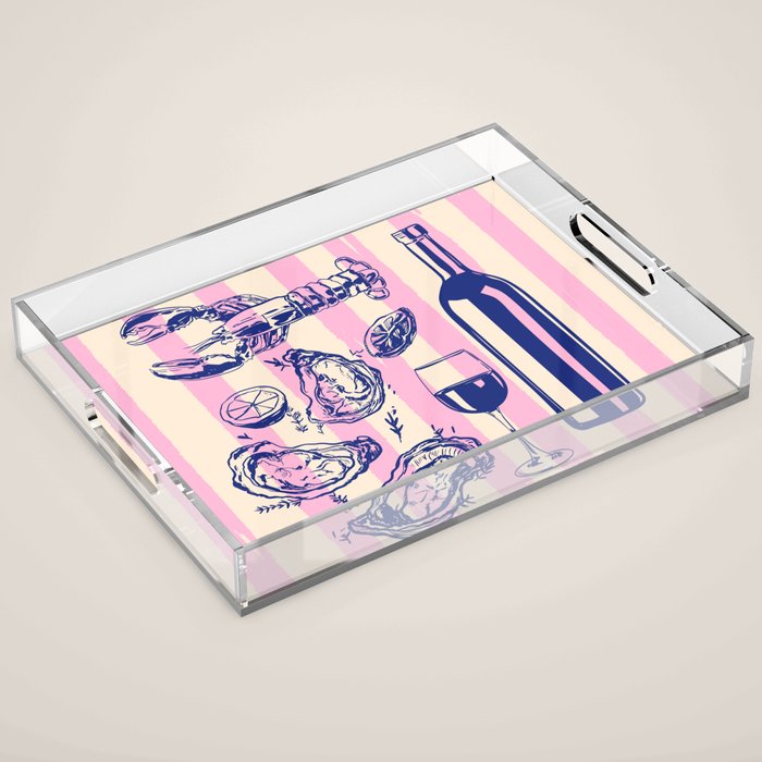 Seafood and Wine - Retro Pink Stripes Illustration Acrylic Tray Gallery Image 1