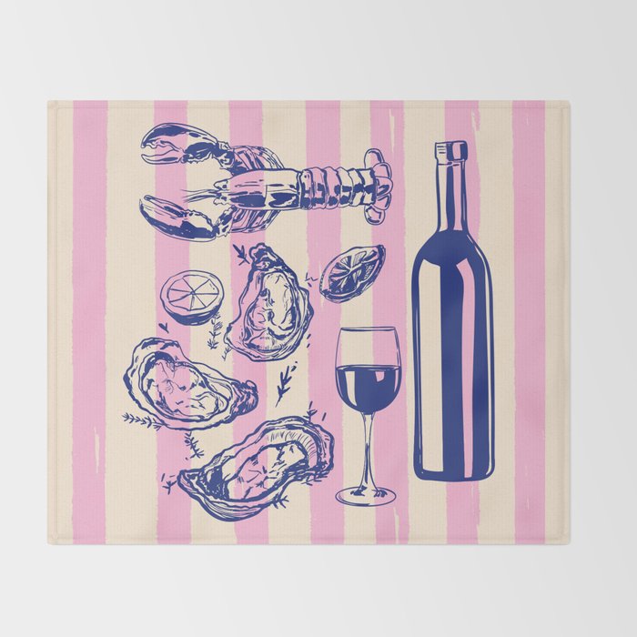 Seafood and Wine - Retro Pink Stripes Illustration Throw Blanket Gallery Image 2