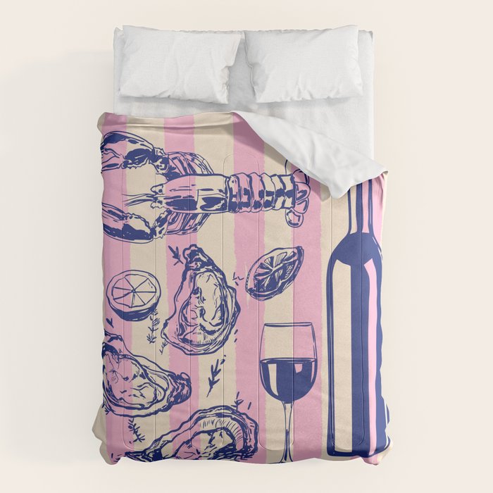 Seafood and Wine - Retro Pink Stripes Illustration Comforter Gallery Image 6