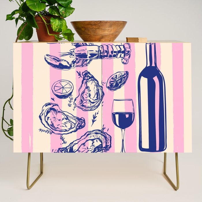 Seafood and Wine - Retro Pink Stripes Illustration Credenza Gallery Image 1