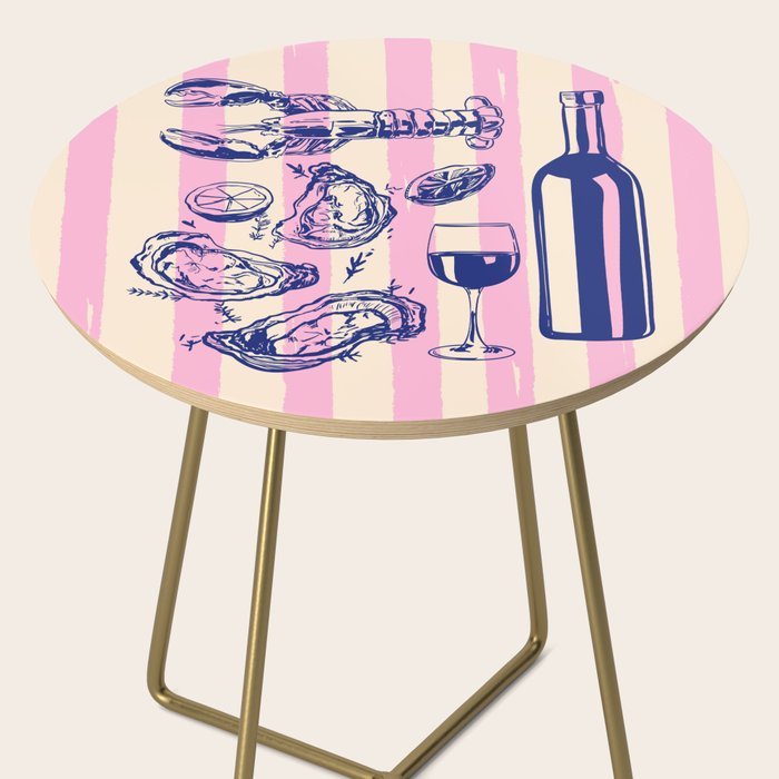 Seafood and Wine - Retro Pink Stripes Illustration Side Table Gallery Image 2