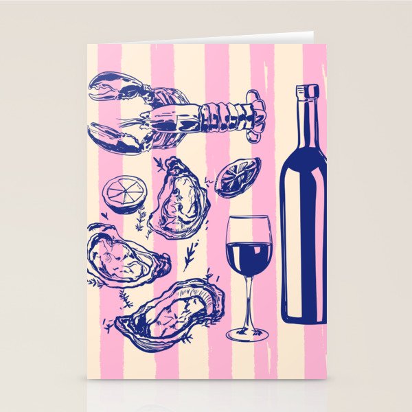 Seafood and Wine - Retro Pink Stripes Illustration Stationery Card Gallery Image 2