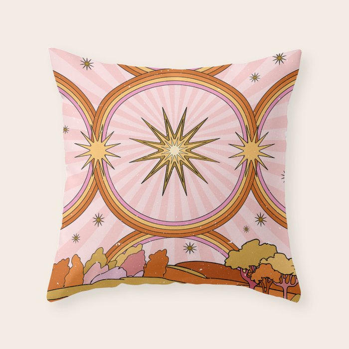 Hippie pink rainbow and sun, abstract landscape Throw Pillow Gallery Image 6