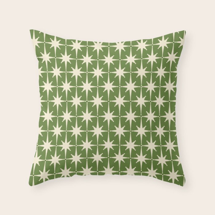 Atomic Age Starbursts - Midcentury Modern Pattern in Cream and Retro Green Throw Pillow Gallery Image 6