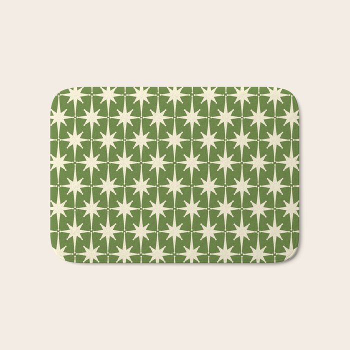 Atomic Age Starbursts - Midcentury Modern Pattern in Cream and Retro Green Bath Mat Gallery Image 1