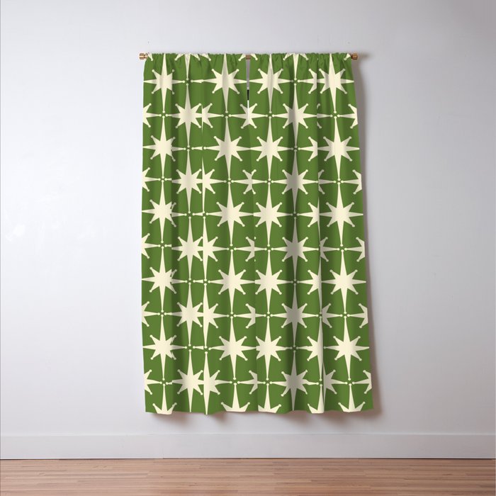 Atomic Age Starbursts - Midcentury Modern Pattern in Cream and Retro Green Window Curtain Gallery Image 3