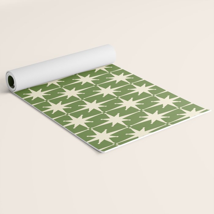 Atomic Age Starbursts - Midcentury Modern Pattern in Cream and Retro Green Yoga Mat Gallery Image 2