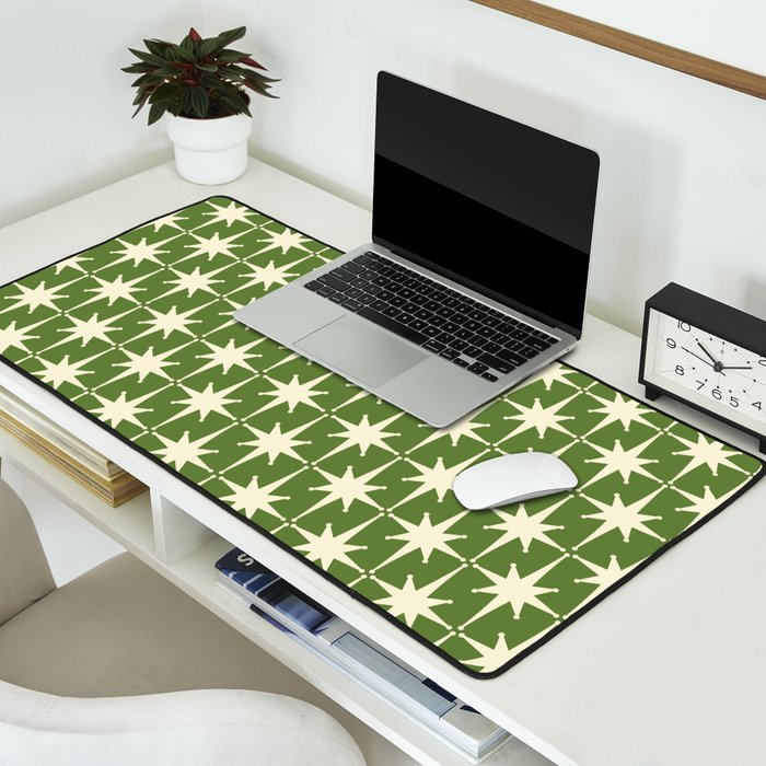Atomic Age Starbursts - Midcentury Modern Pattern in Cream and Retro Green Desk Mat Gallery Image 2