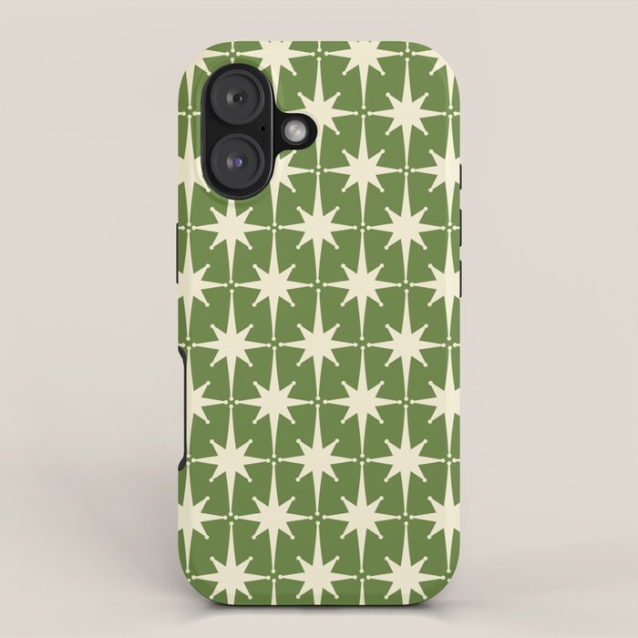 Atomic Age Starbursts - Midcentury Modern Pattern in Cream and Retro Green iPhone Case Gallery Image 1