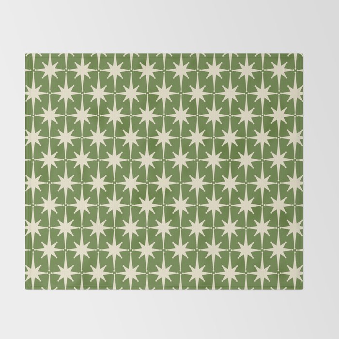 Atomic Age Starbursts - Midcentury Modern Pattern in Cream and Retro Green Throw Blanket Gallery Image 2