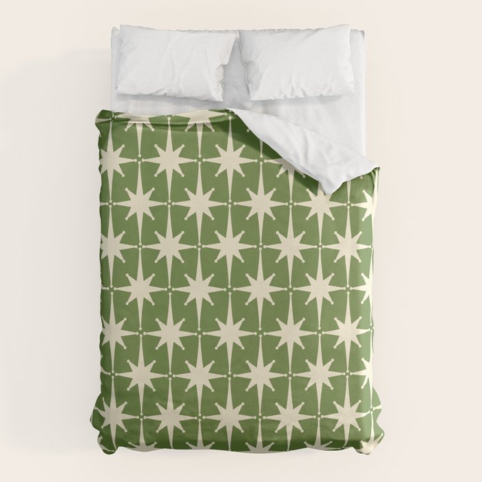 Atomic Age Starbursts - Midcentury Modern Pattern in Cream and Retro Green Duvet Cover Gallery Image 1