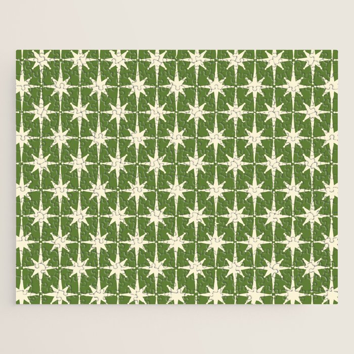Atomic Age Starbursts - Midcentury Modern Pattern in Cream and Retro Green Jigsaw Puzzle Gallery Image 1