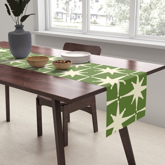 Atomic Age Starbursts - Midcentury Modern Pattern in Cream and Retro Green Table Runner Gallery Image 2