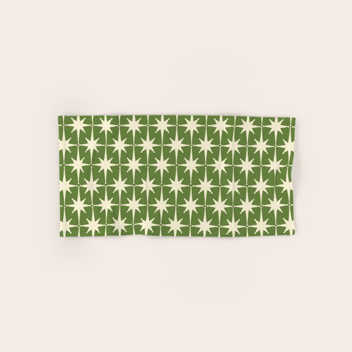 Atomic Age Starbursts - Midcentury Modern Pattern in Cream and Retro Green Bath Towel Gallery Image 1