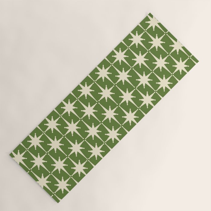 Atomic Age Starbursts - Midcentury Modern Pattern in Cream and Retro Green Yoga Mat Gallery Image 1