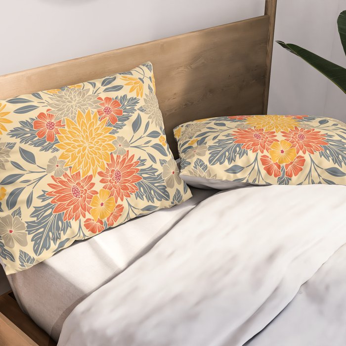 Warm Yellow, Orange & Blue Floral Pillow Sham Gallery Image 2
