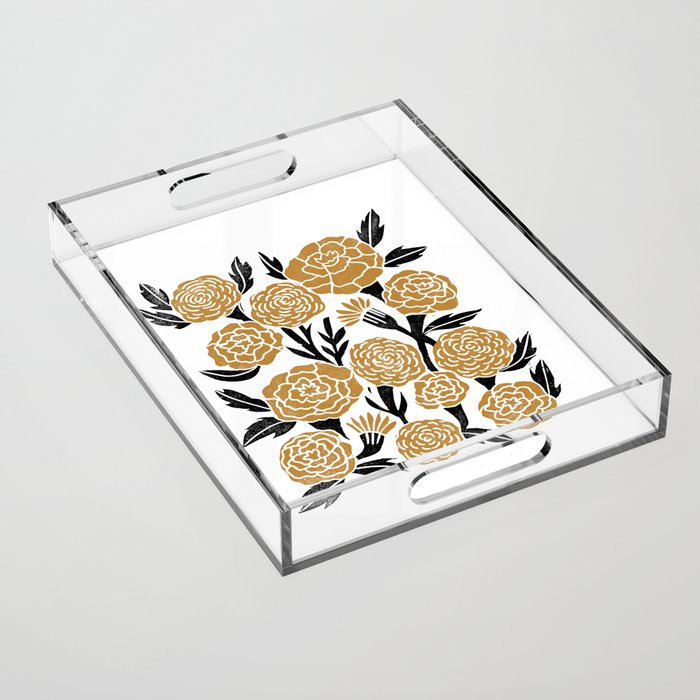 Golden Flowers - floral, yellow, golden yellow, ochre, linocut, woodcut, woodblock Acrylic Tray Gallery Image 1