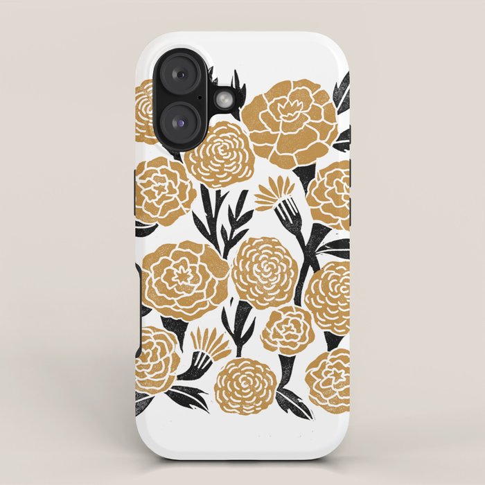 Golden Flowers - floral, yellow, golden yellow, ochre, linocut, woodcut, woodblock iPhone Case Gallery Image 1