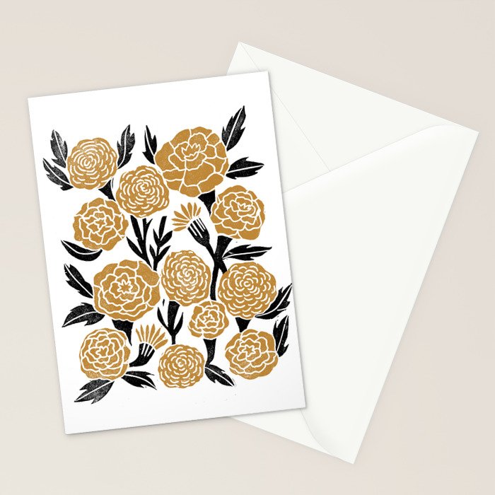Golden Flowers - floral, yellow, golden yellow, ochre, linocut, woodcut, woodblock Stationery Card Gallery Image 2