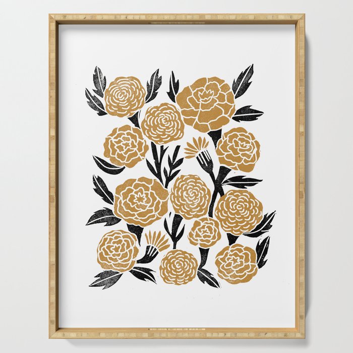 Golden Flowers - floral, yellow, golden yellow, ochre, linocut, woodcut, woodblock Serving Tray Gallery Image 1