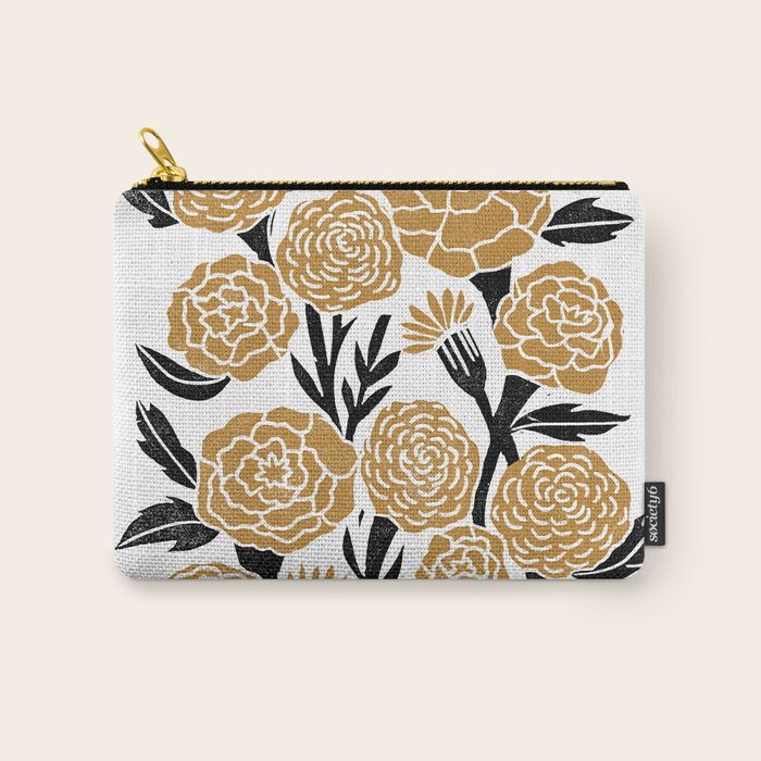 Golden Flowers - floral, yellow, golden yellow, ochre, linocut, woodcut, woodblock Carry All Pouch Gallery Image 1