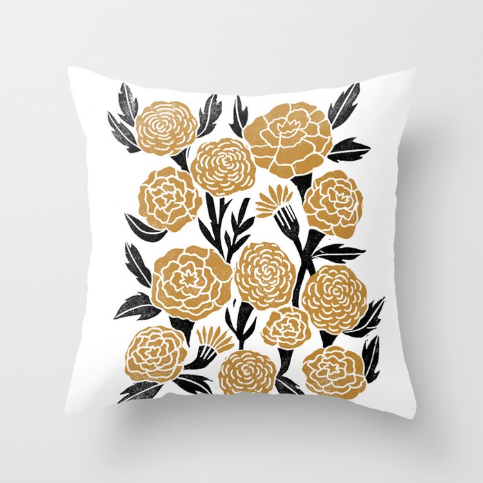 Golden Flowers - floral, yellow, golden yellow, ochre, linocut, woodcut, woodblock Throw Pillow Gallery Image 6
