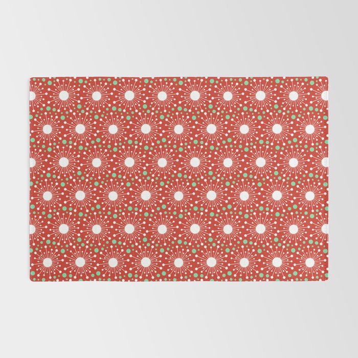 Christmas Holiday MidCentury Modern Atomic Snowflakes in Red Green and White Rug Gallery Image 2