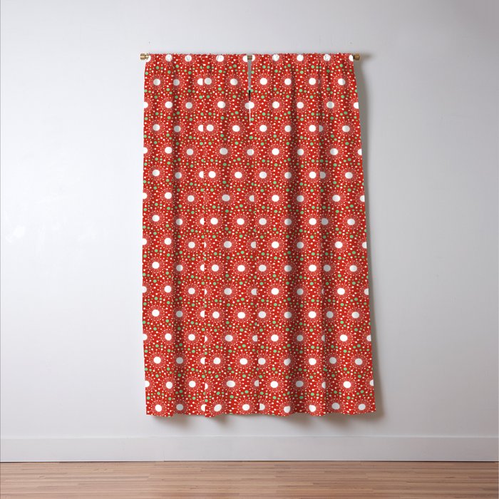 Christmas Holiday MidCentury Modern Atomic Snowflakes in Red Green and White Window Curtain Gallery Image 3