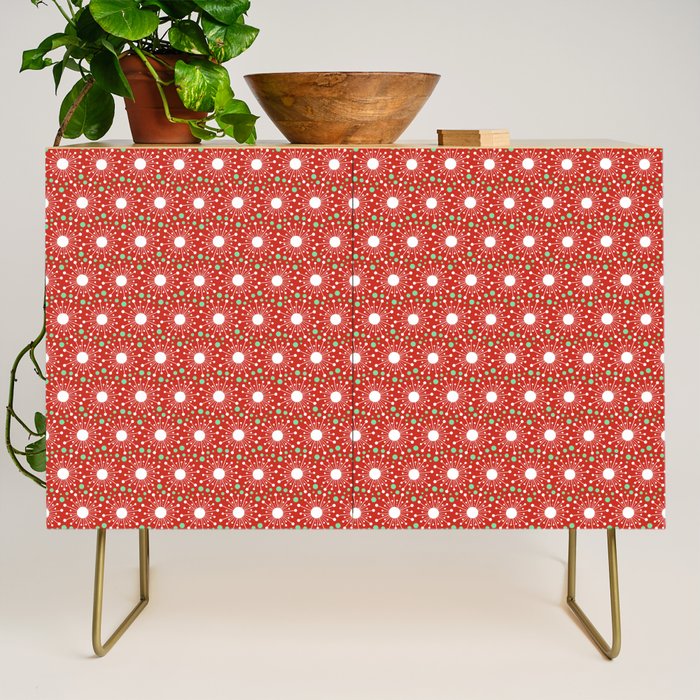 Christmas Holiday MidCentury Modern Atomic Snowflakes in Red Green and White Credenza Gallery Image 1