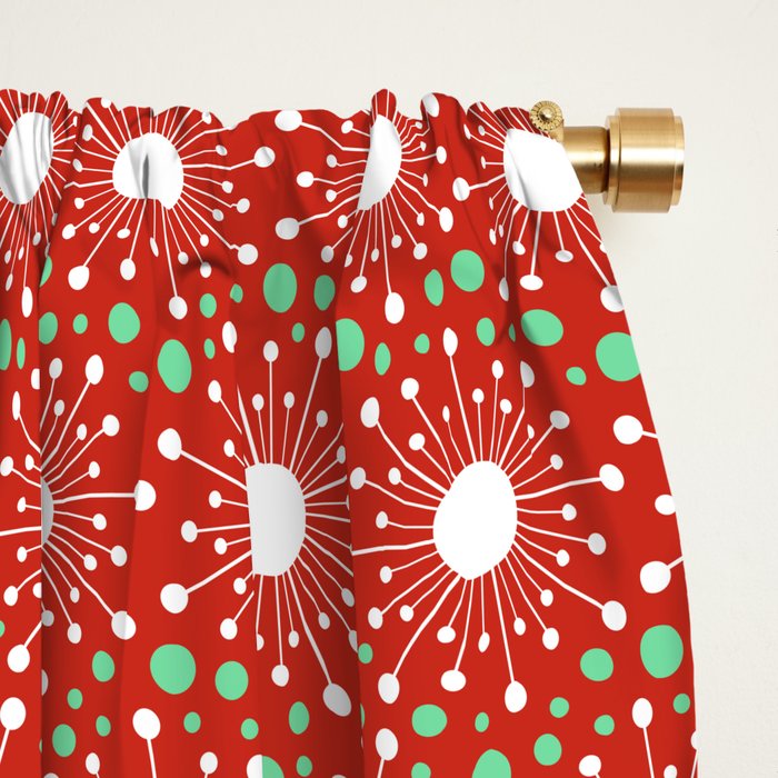 Christmas Holiday MidCentury Modern Atomic Snowflakes in Red Green and White Window Curtain Gallery Image 2